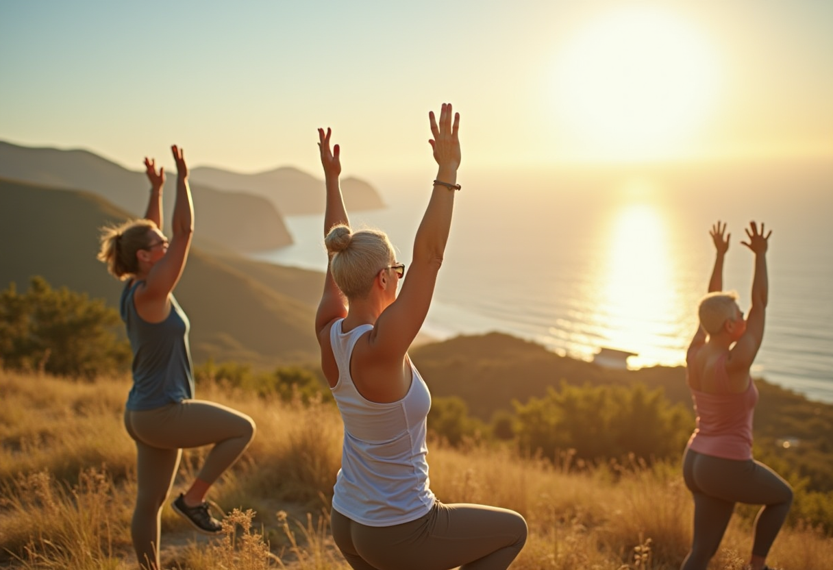 Група възрастни хора практикуват йога в красива студия